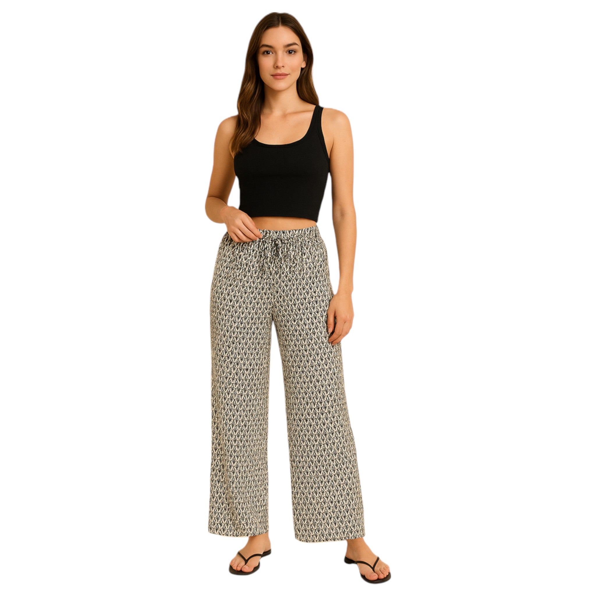 Women's printed wide-leg lounge trousers in white – lightweight elastic waist boho pants for casual summer wear